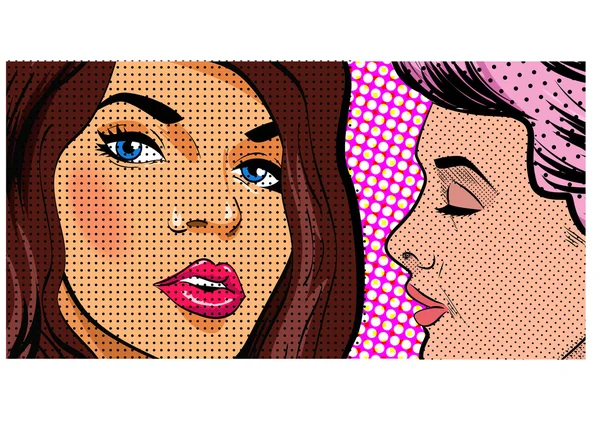 Kobieta mówi tajemnic, plotkowanie dziewczyny pop-art styl retro ilustracja — Wektor stockowy