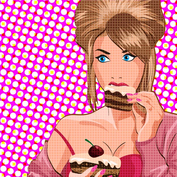 Bir pasta tutan kız. Cheesecake ile ev kadını. Pop Art. Vektör çizim.