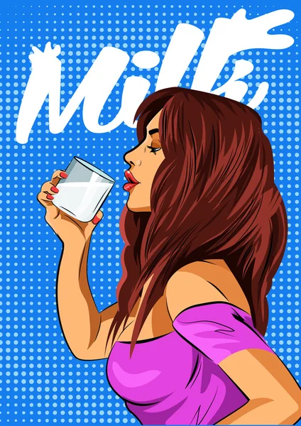 Pop-Art-Mädchen mit Glas Milch trinken. — Stockvektor