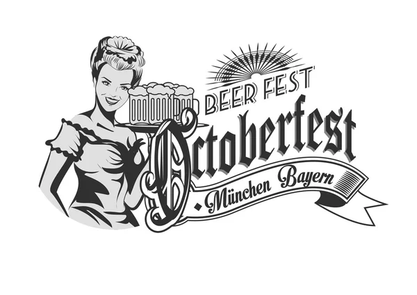 Linda chica bávara con cerveza. Etiqueta Oktoberfest letras góticas. Banner de cinta . — Vector de stock