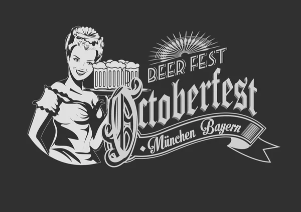 Bella ragazza bavarese con birra. Oktoberfest etichetta ghotic lettering. Bandiera del nastro . — Vettoriale Stock