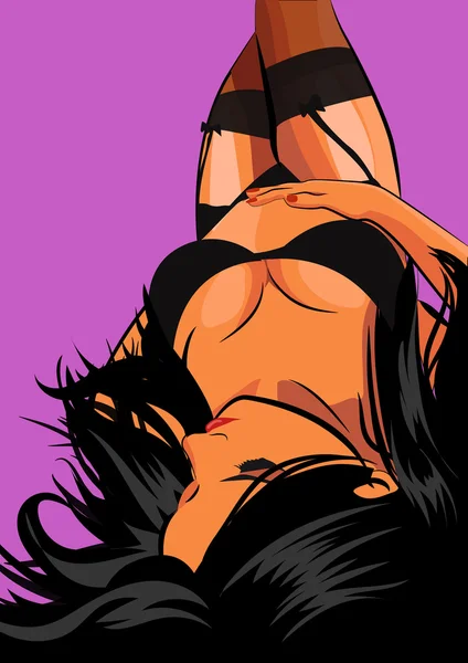 Menina sexy em lingerie preta Deitado para baixo - Ilustração vetorial — Vetor de Stock