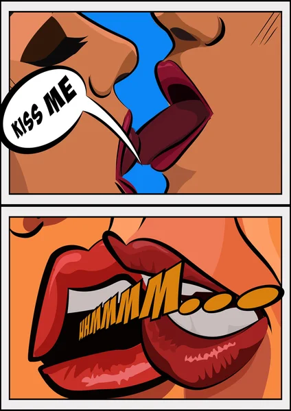 Detailní záběr z úst ženy pár líbání sady. Komické stylu pop art. Vektorové ilustrace — Stockový vektor