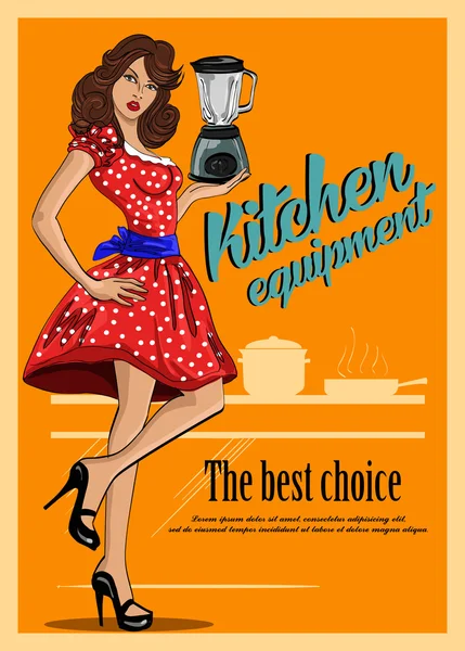 Retro poster of kitchen equipment. With  beautiful woman in a red dressVector commercial illustration — Stock Vector