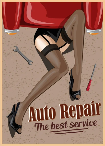 Mujer reparando el coche. Ilustración de estilo retro — Vector de stock