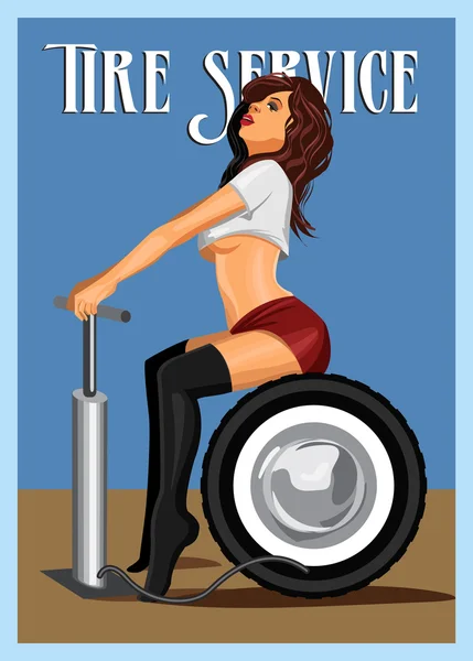 Young sexy girl in stockings pumps wheel. Illustration  retro style. — Stock Vector