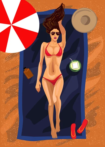 Genç kadın yaz aylarında sahilde yatıyor. Vektör çizim. — Stok Vektör