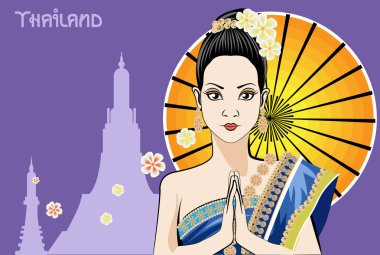 Woman wearing typical thai dress on  background, identity culture of Thailand clipart