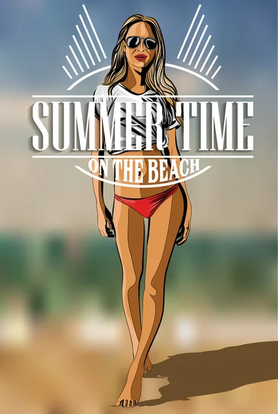 Hermosa chica en la playa - Ilustración vectorial — Archivo Imágenes Vectoriales