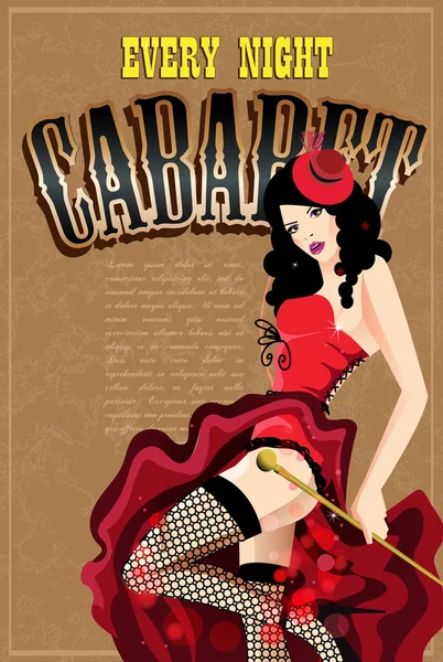Kırmızı elbiseli bir kabare dansçı. Retro vektör poster
