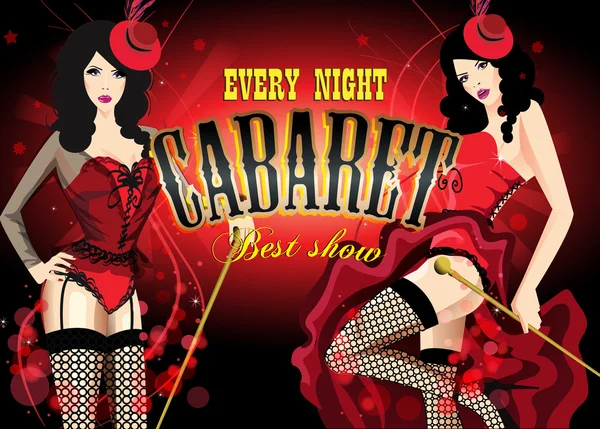 Twee Cabaret-danseres in een rode korset. Retro vector poster — Stockvector