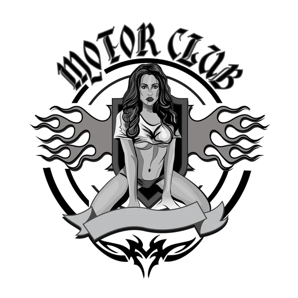 Vintage motocicleta garagem motor clube emblema com menina sexy — Vetor de Stock