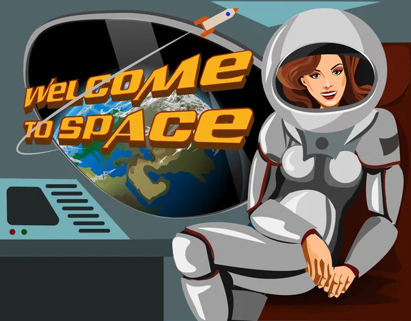 Mooie vrouw astronaut in een ruimtepak vergadering ruimteschip. Welkom bij ruimte. — Stockvector