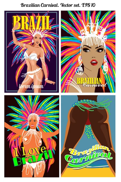 Brazilian carnival dancer, amazing costume. Vector illustration set. — Stock Vector