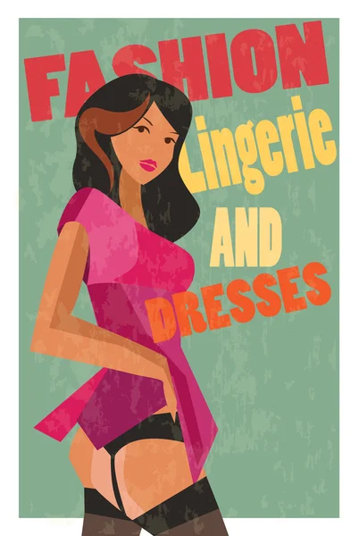 La chica en un vestido rosa, muestra las medias. Cartel retro. Ilustración vectorial . — Vector de stock