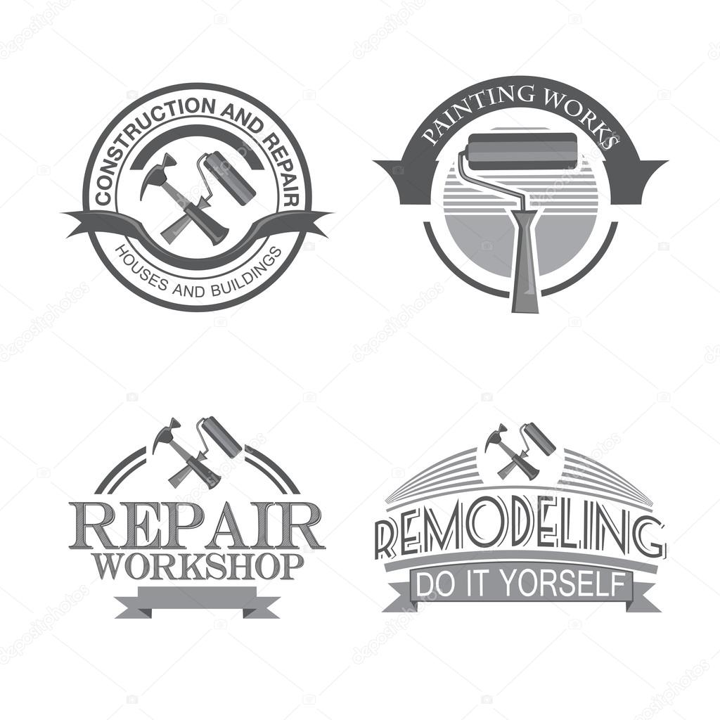 Home repair panting service  design labels set with black tools icons isolated  vector illustration