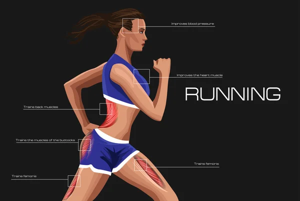 Mujer corriendo. Anotación entrenamiento muscular anatómico — Vector de stock