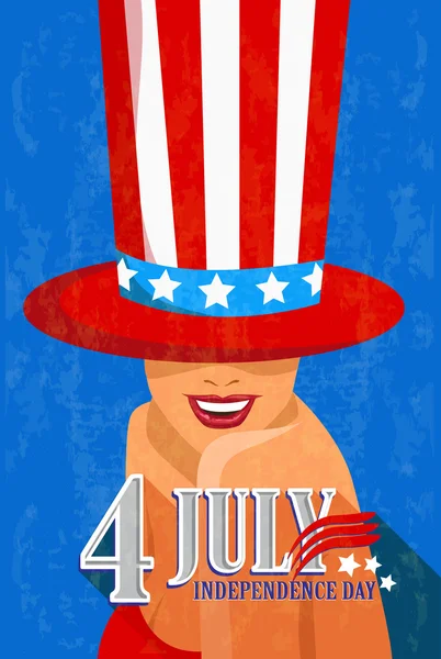 Beautiful smiling woman in hat american flag.  Independence day. Vector illustration. — Stock Vector