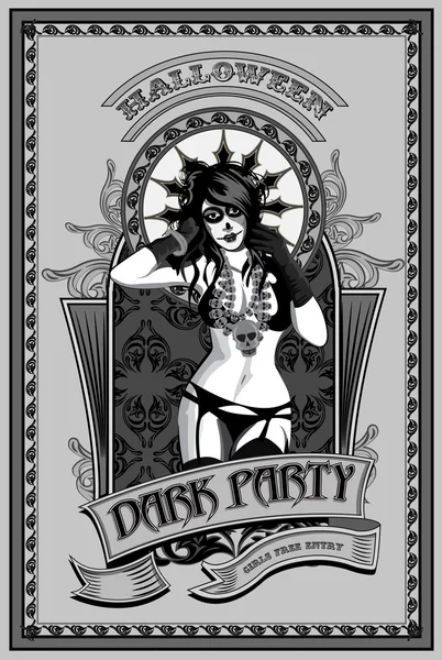 Dark party tamplate. Sexy  muerto girl.   Vintage print. Vector illustration. — Stock Vector