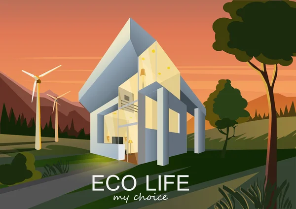 Paisaje con una casa moderna. Eco vida. Ilustranión vectorial — Archivo Imágenes Vectoriales