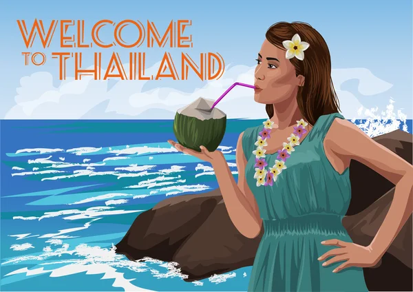 Bonita joven con coco en las manos en una playa tropical. Bienvenido a Tailandia. Ilustración vectorial — Vector de stock