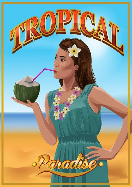 Όμορφης κοπέλας με καρύδα στα χέρια σε μια τροπική παραλία. Vector εικονογράφηση — Διανυσματικό Αρχείο