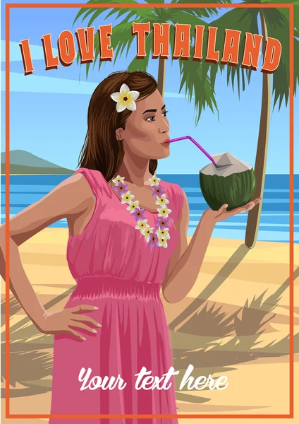 Mujer joven y bonita, vestido rosa con coco en las manos en una playa tropical. Bienvenido a Tailandia. Ilustración vectorial — Vector de stock