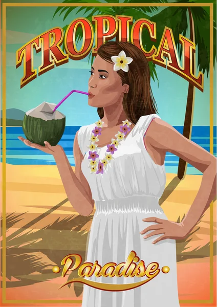 Mulher muito jovem, vestido branco com coco nas mãos em uma praia tropical. Estilo vintage. Ilustração vetorial —  Vetores de Stock