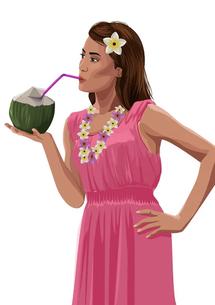 Mujer joven y bonita, vestido rosa con coco en las manos sobre fondo blanco. Ilustración vectorial — Vector de stock
