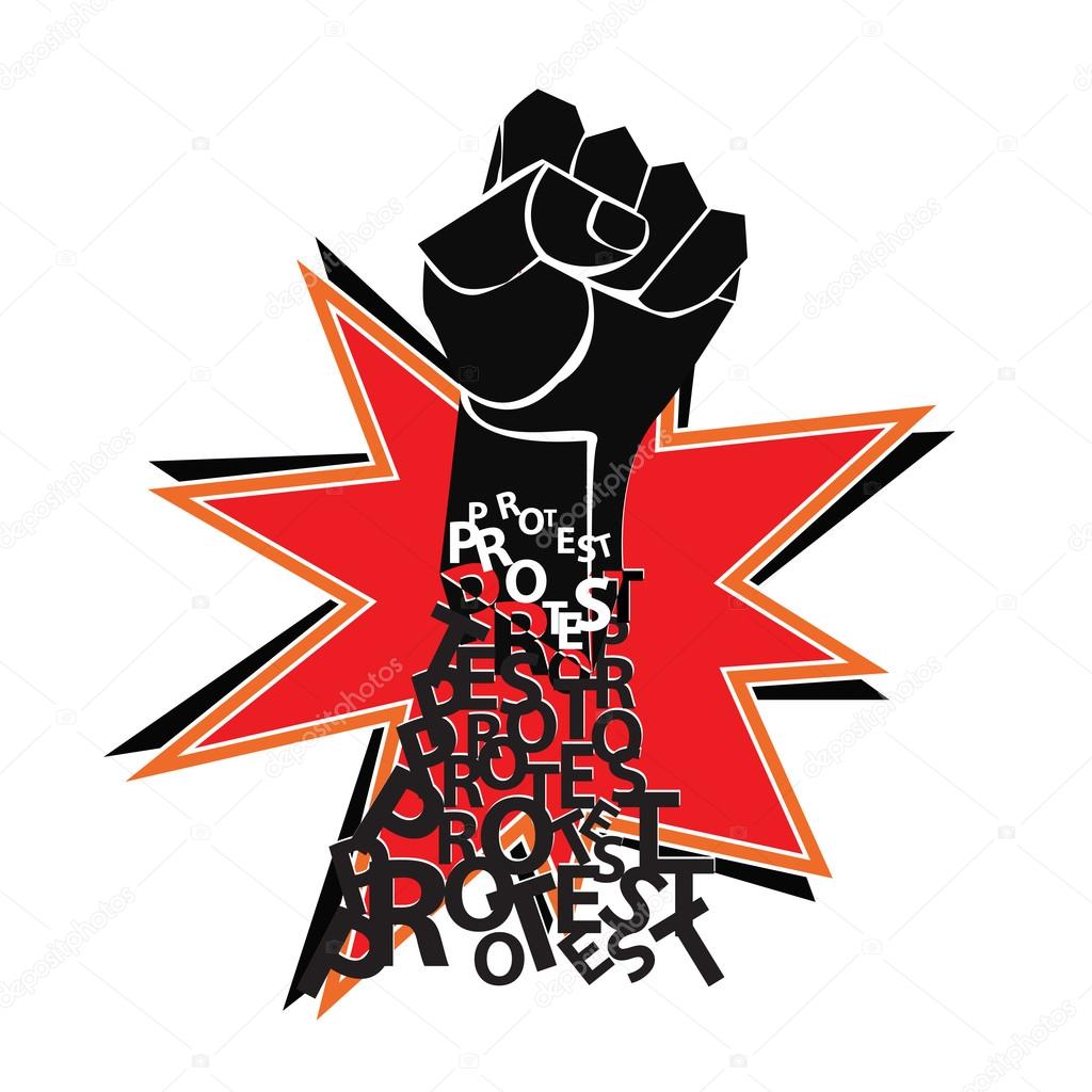 Red and black poster with fist. Protest. Vector illustration.