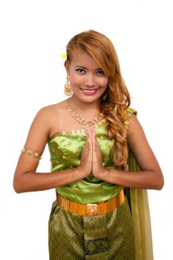 Young woman wearing typical thai dress with isolated on white background, identity culture of thailand