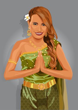 Young woman wearing typical thai dress , identity culture of thailand. Vector illustration