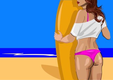Young lady standing with surf board on the tropical beach. Vector illustration