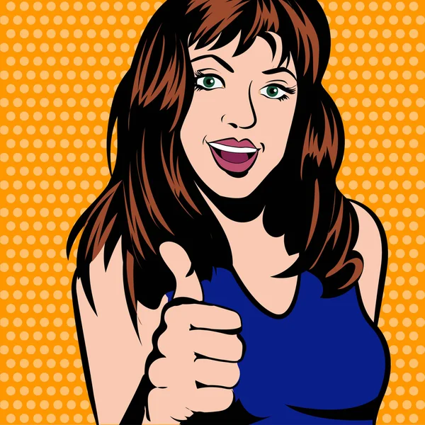 Ретро женщина в стиле комиксов, показывая большой палец вверх векторной иллюстрации — стоковый вектор