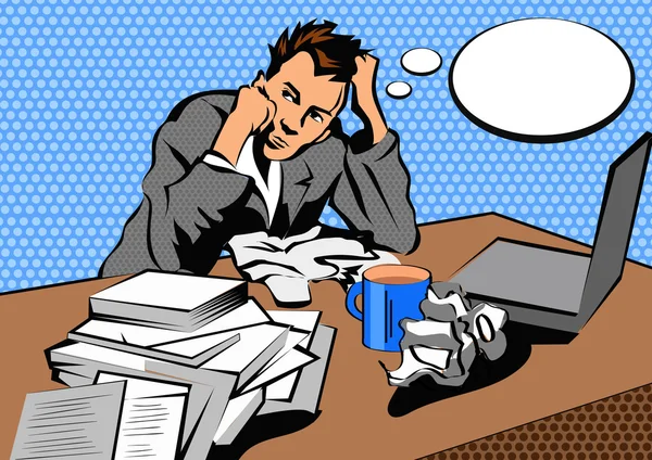 Stressful business man in office with too many stack of paper and folder on his desk. Pop art style. Vector illustration. — Stock Vector