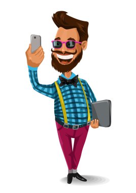 smartphone telefon adamla hipster yapmak himself.man selfie fotoğrafı. Vektör çizim