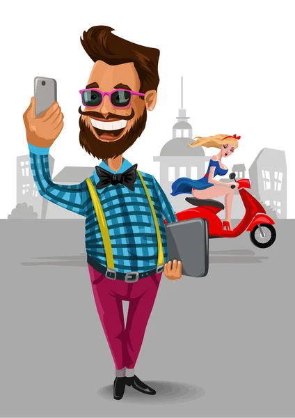 Hipster man met smartphone telefoon foto van zichzelf op stad achtergrond maken. Vectorillustratie — Stockvector