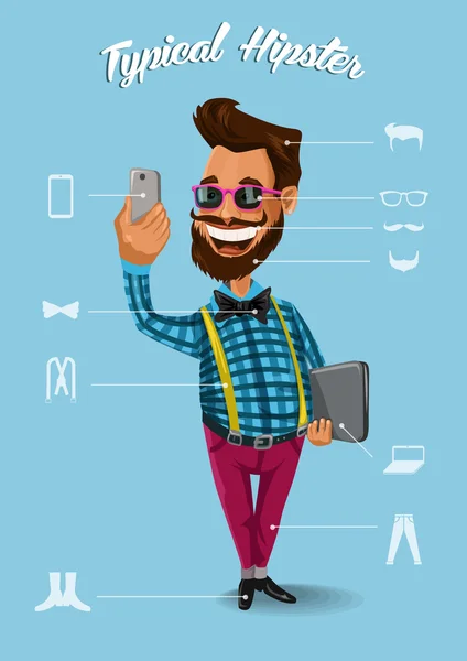 Hipster man met smartphone telefoon foto van zichzelf maken. Hipster infographics. Vectorillustratie — Stockvector