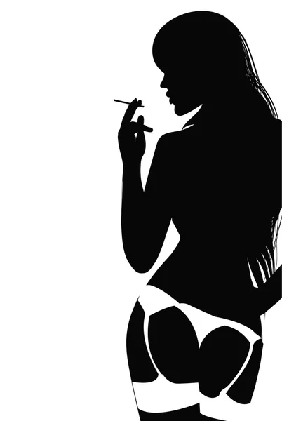 Σκιαγραφία από νεαρή γυναίκα σε εσωρούχων που καπνίζει ένα τσιγάρο. Vector εικονογράφηση — Διανυσματικό Αρχείο