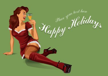 Christmas Pin Up Girl şampanya ile. Vektör çizim alanı metin için.