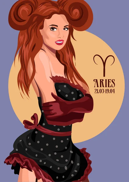 Zodiaco: Signo astrológico de Aries. Ilustración vectorial con retrato de una chica pin-up . — Archivo Imágenes Vectoriales