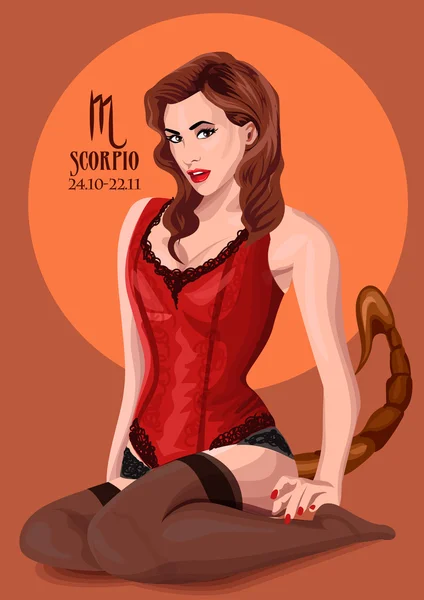 Zodiac: Scorpio astrological sign. Vector illustration with portrait of a pin up girl. — Stock Vector