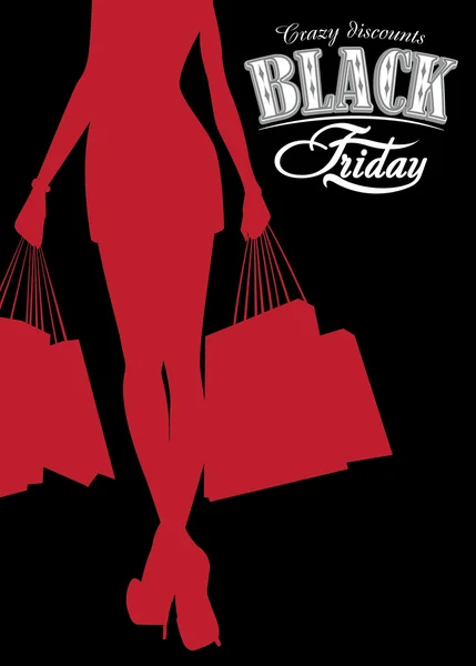 Elegante silueta de compras mujer Viernes Negro fondo de publicidad. Ilustración vectorial — Vector de stock