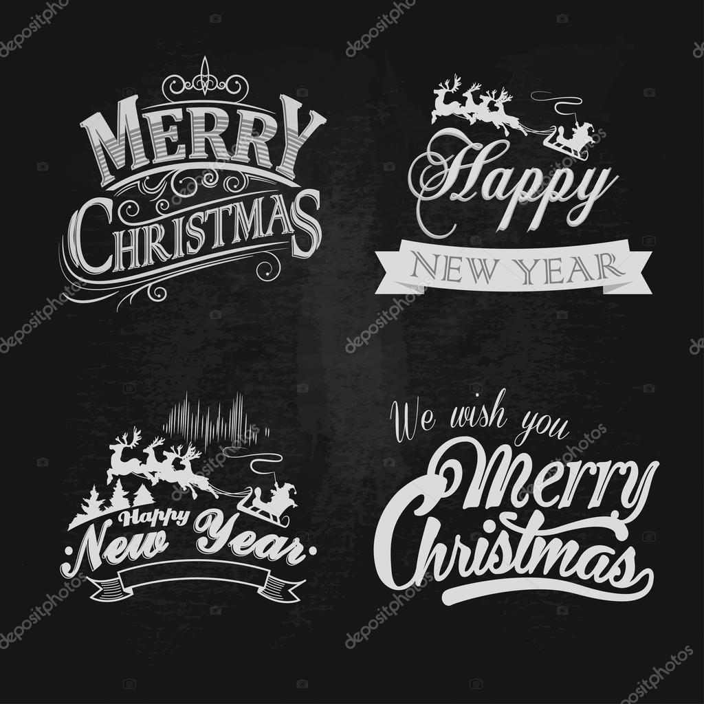 Christmas and New Year vintage chalk text labels on a blackboard