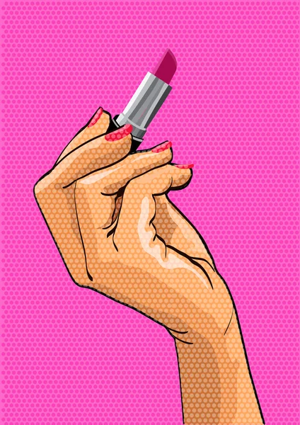 Illustrazione in stile pop art. Rossetto femminile con mano — Vettoriale Stock