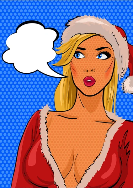 Santa girl. Pop Art illustration of a woman with the speech bubble. — Stock Vector