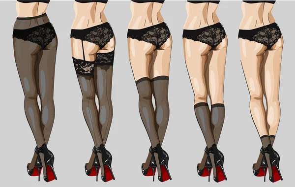 Illustration vectorielle des éléments de bonneterie : collants, bas, golfs et chaussettes. Belles jambes femme . — Image vectorielle