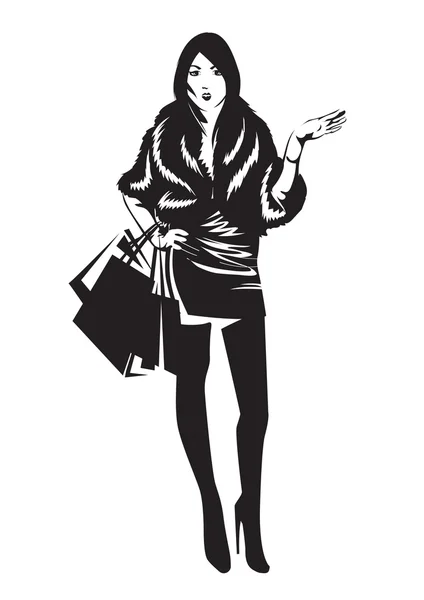 Alışveriş torbaları bir kızla silüeti. Vektör çizim — Stok Vektör