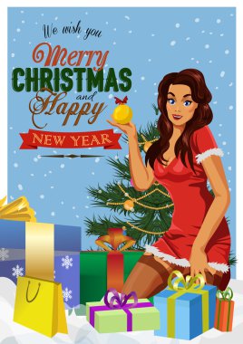 Retro Noel Pin-up. Seksi vintage tatil pin-up kızı çizimi