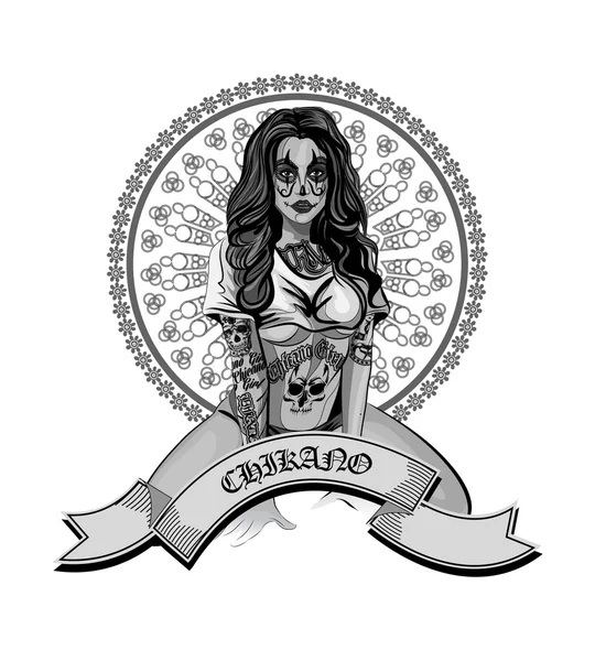 Ilustración vectorial de una hermosa mujer. estilo tatoo chicano — Archivo Imágenes Vectoriales